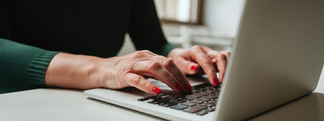 Woman working on laptop computer in coffee shop, freelancer, digital nomad, business woman in casual clothes, working online, typing on laptop, surfing internet in cafe, remote work