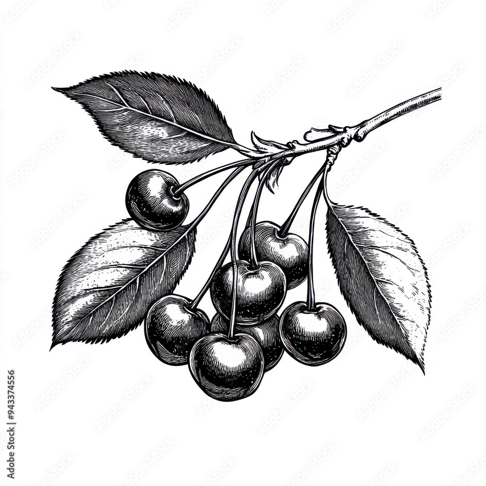 Black and white Vintage engraved art of a branch of cherries with ...
