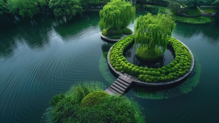 aerial view of a serene garden with green trees and water features. nature and landscape design conc