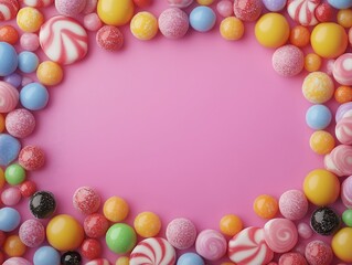 Wall Mural - Assorted colorful candy arranged around pink background