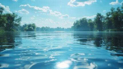 Calm River Surface with Green Forest and Blue Sky