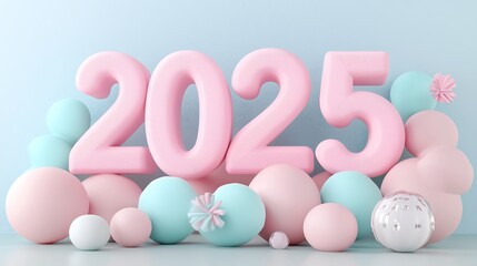 Wall Mural - Pastel 2025 number with decorative balloons, festive celebration