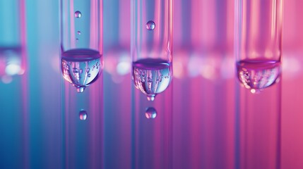 Poster - Test tube row. Concept of medical or science laboratory, liquid drop droplet with dropper in blue red tone background, close up, macro photography picture