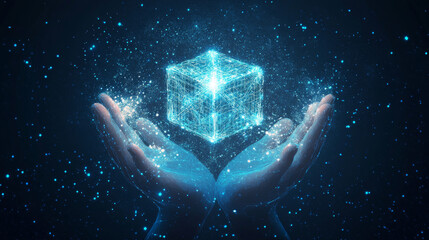 
Abstract digital hands presenting a hologram of a blockchain symbol, rendered in a futuristic low poly wireframe style. Depicts concepts of virtual reality or the metaverse on a blue tech backdrop.