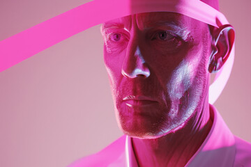 A man is captured in striking pink lighting, with colorful ribbons adding a dramatic effect to the artistic portrait in a studio