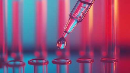 Wall Mural - Test tube row. Concept of medical or science laboratory, liquid drop droplet with dropper in blue red tone background, close up, macro photography picture