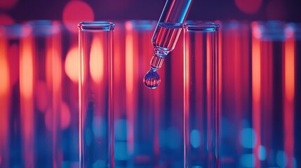 Wall Mural - Test tube row. Concept of medical or science laboratory, liquid drop droplet with dropper in blue red tone background, close up, macro photography picture