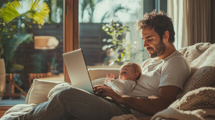 Father working with computer laptop while holding new born baby in home office - Family and work concept - Focus on man face - Models by AI generative