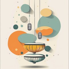 Canvas Print - Retro Style Hanging Lamps with Graphic Shapes, Abstract Design with Orange and Teal Palette