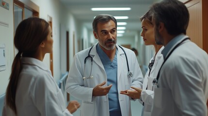 Medical professionals discussing patient care in a hospital corridor during a busy afternoon shift