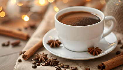 Cup of aromatic hot coffee on table