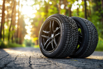 Two new all season tires with alloy wheel rims lying on road in a forest