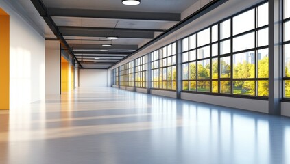 Wall Mural - Blurred, empty modern office interior with panoramic windows and a white table for product presentation.