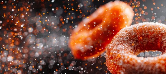 Two Delicious Sugared Doughnuts Falling with Motion Blur Through a Shower of Sprinkles