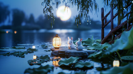 couple rabbit at the lake with full moon for mooncake festival