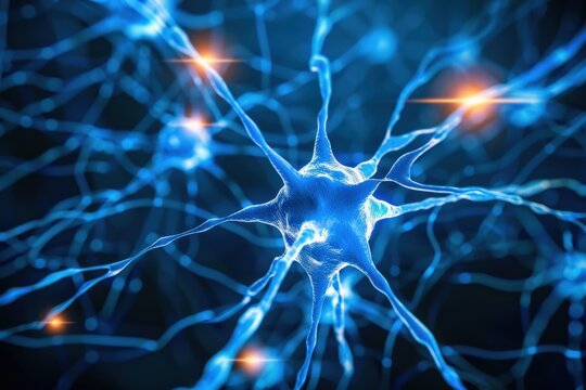 A digitally rendered image of a neuron, with detailed axons and dendrites branching out from the central cell body. The image is lit with bright, orange highlights
