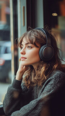 A woman with headphones listens to music.