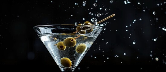 Poster - Classic dry martini cocktail with green olives on a black background with splashes and space for your text as shown in the copy space image
