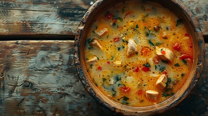 Wall Mural - Chicken and Sweetcorn Soup in Rustic Bowl. Aromatic and Creamy Chicken Corn Chowder, Top View