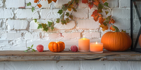 Wall Mural - Inviting autumn scene with pumpkins, candles, and leaves on a rustic shelf, creating a cozy atmosphere perfect for fall celebrations. Banner