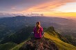 © Nena Photo - A person dressed in a pink long-sleeve, sits on a rugged mountain peak, taking in a breathtaking sunset over expansive mountains and valleys, reflecting tranquility and awe.