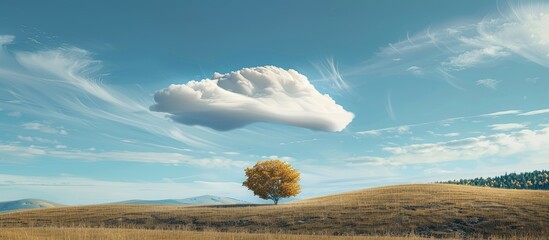 Poster - A picturesque landscape with a wispy long white cloud floating in a blue sky over a tree filled hill creating a perfect nature backdrop for a copy space image