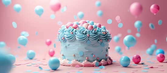 Aufkleber - Gender reveal cake decorated with blue and pink balls perfect for a party with copy space image