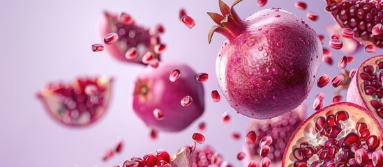 Wall Mural - Pomegranates with seeds flying in the air against a lilac background with copy space image