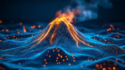 Abstract digital volcano with smoke and lava, set against a technology blue background. Features a volcanic eruption depicted in a low poly wireframe vector style with a 3D effect. Includes a polygona