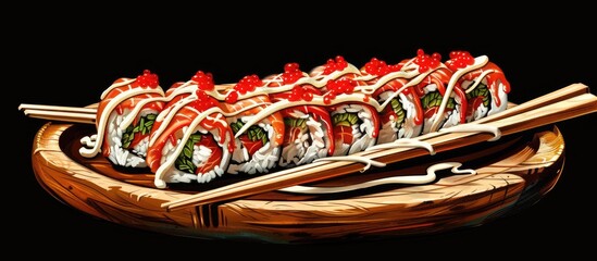 Poster - Sushi rolls topped with red tobiko and mayonnaise on a wooden plate with chopsticks isolated on a white background for a copy space image