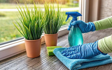 Wall Mural - cleaning the window with a spray bottle created with Generative AI technology