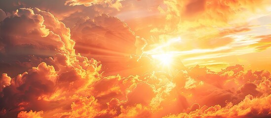 Poster - A stunning sunset with the sun partly hidden by clouds casting a vibrant orange and yellow radiance Ideal for a copy space image