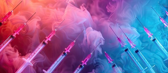 Aufkleber - Aerial view of syringes on a vibrant backdrop with room for text Illustrating the concept of medical injection instruments. Creative banner. Copyspace image
