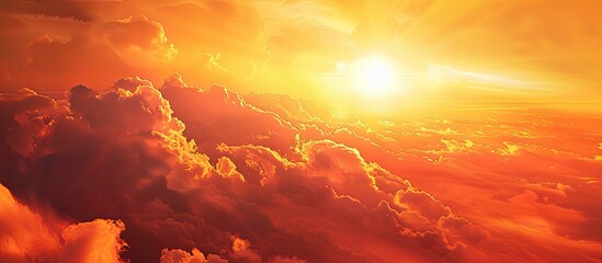 Poster - A stunning sunset with the sun partly hidden by clouds casting a vibrant orange and yellow radiance Ideal for a copy space image