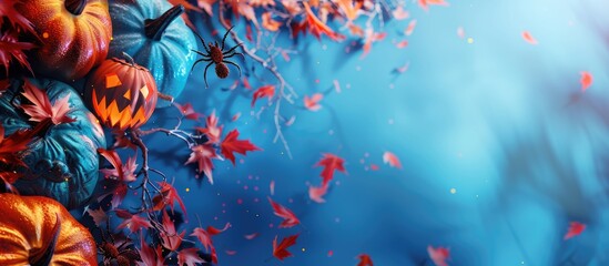 Fototapete - A spooky Halloween themed background featuring pumpkins spiders and a Jack o lantern on a blue backdrop perfect for adding text with copy space image