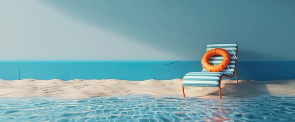 Wall Mural - summer beach concept, chair with ring floating on blue background vacation holidays
