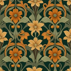 Vibrant Art Nouveau Floral Pattern Deep Green and Orange Floral Design - Wallpaper Pattern Design