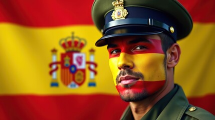 Soldiers with the Spain flag painted on faces. Generative AI