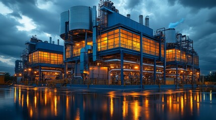 Poster - the power plant showcases a sustainable cooling system, illuminated by glowing lights against a mood