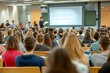 © antusher - University lecture hall, teacher presenting, vibrant colors large classroom scene.