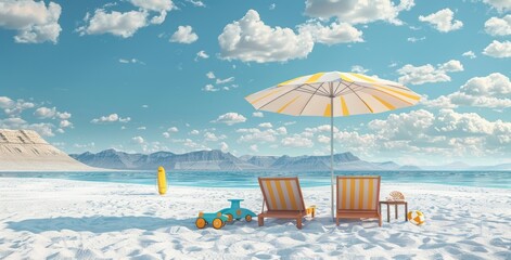 Wall Mural - beach umbrella with chairs on the sand. summer vacation concept. 3d rendering