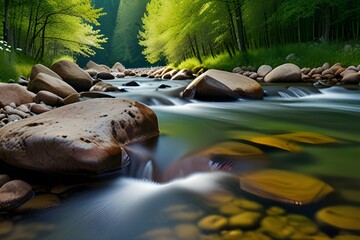 spring forest nature landscape, beautiful spring stream, river rocks in mountain forest Generative AI