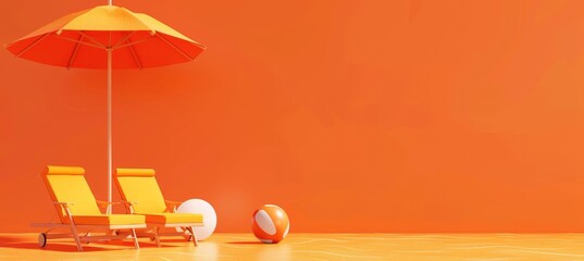 Wall Mural - two beach chairs with parasol on lush orange summer background , generative ai