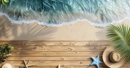 Wall Mural - top of a wooden table with a seascape and palm leaves in the background