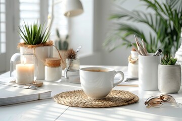 Wall Mural - Top view of beautiful background of kitchen desk, with accessories on the sides and a cup. Generative AI