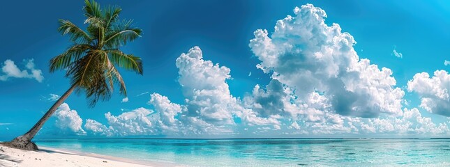 Wall Mural - palm tree ocean. summer getaway in paradise: beach with palm trees and turquoise ocean