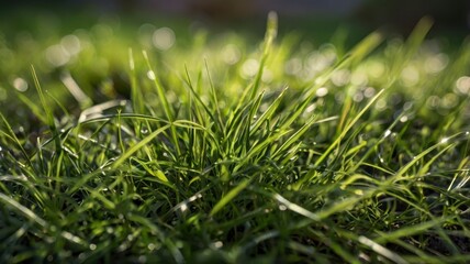 Green grass close-up, blurred garden background