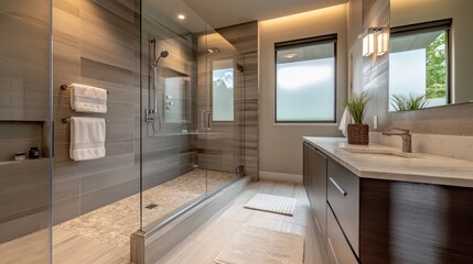 A modern bathroom with a glass-enclosed shower, sleek vanity, and contemporary design