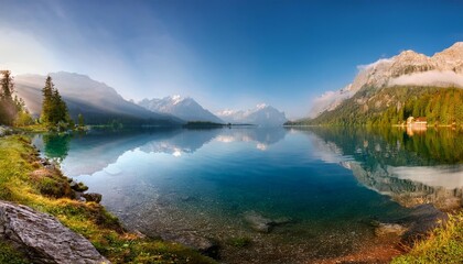 Sticker - scenic morning lake surrounded by mountains and nature serene shoreline and stunning scenery generative ai