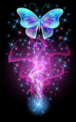 Wall Mural - Fantastic butterfly and magical curving transparent waves with glowing stars on night dark background